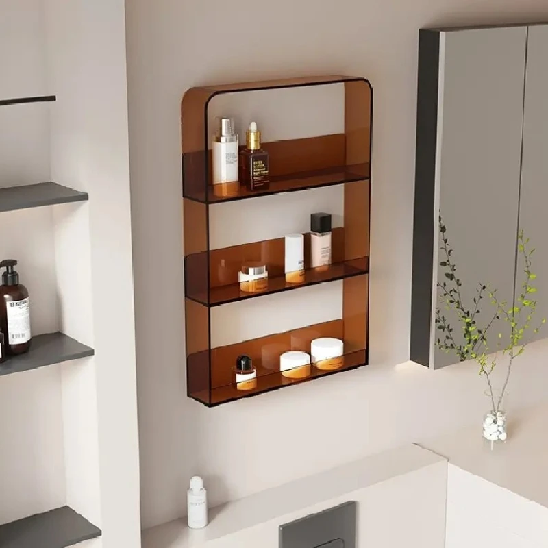 No Drill Acrylic Wall Mounted Shelf Bathroom Transparent StorageOrganizer Vanity Makeup Display Rack Shaving Wall-Mounted Holder