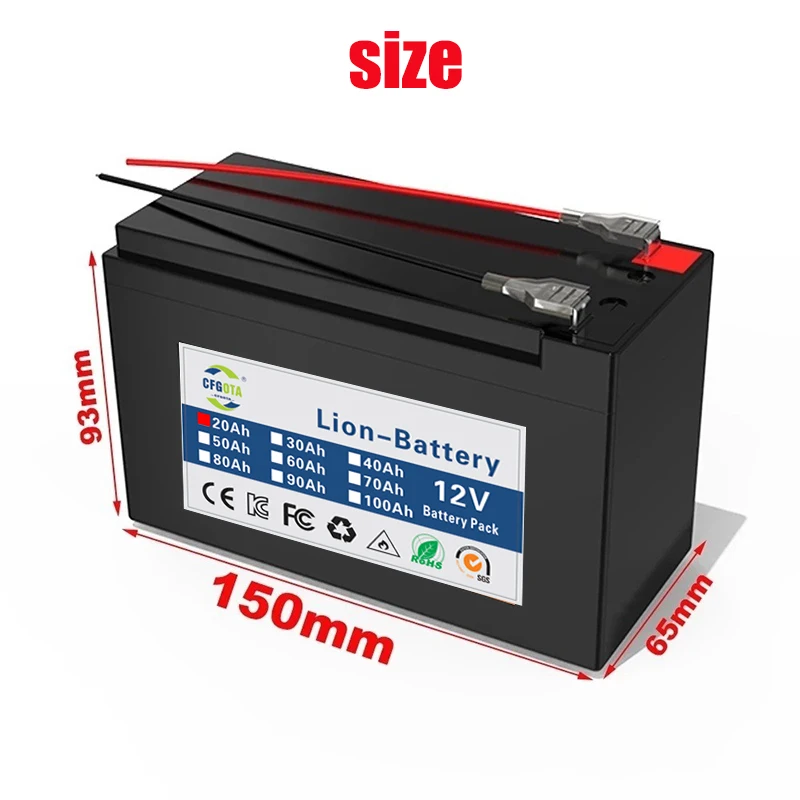 Upgraded 12v 20Ah 18650 Li Ion Battery Electric Vehicle Lithium Battery Pack 9V- 12V 25000mAh Built-in BMS 80A High Current