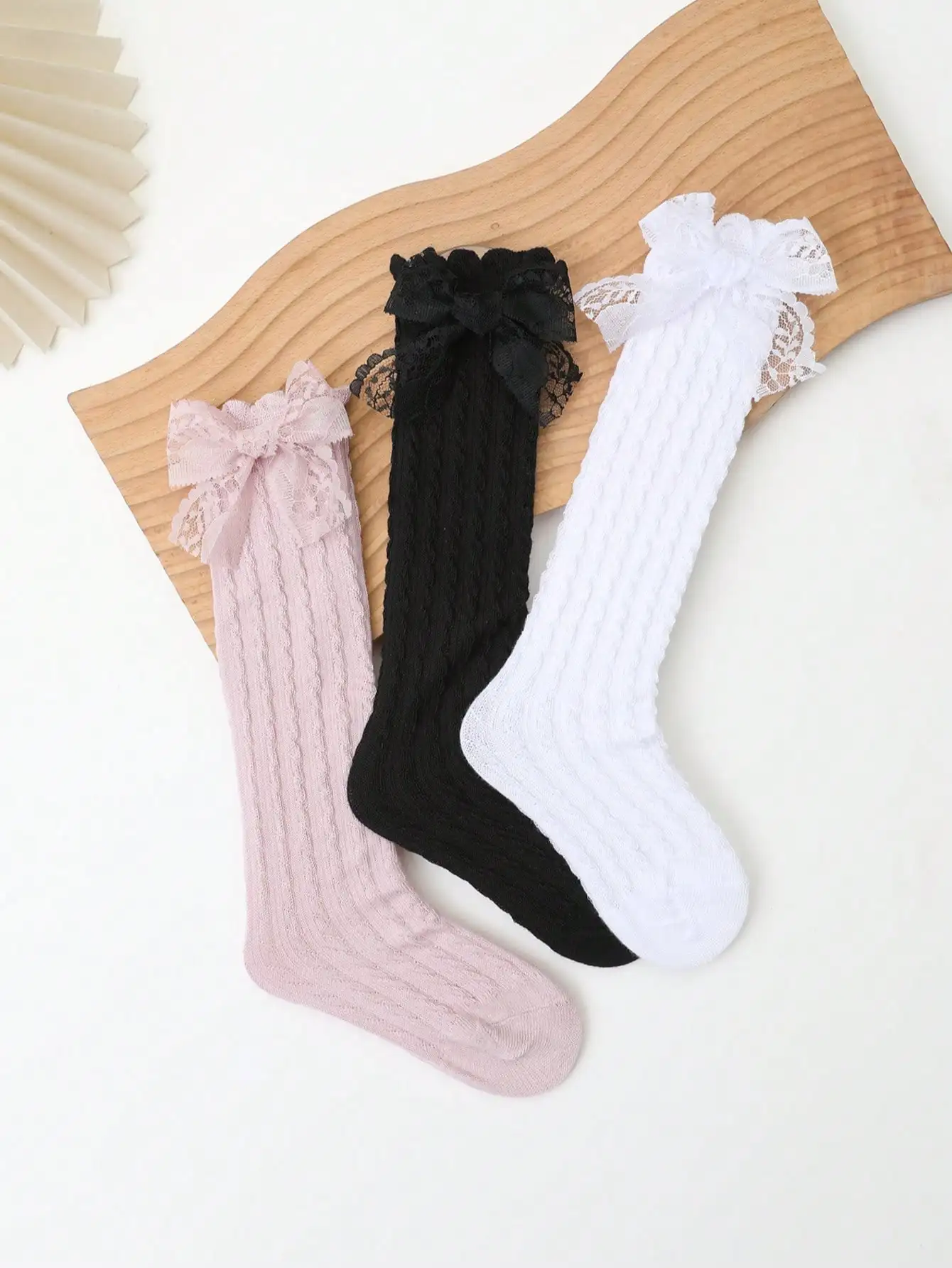 3Pcs Girls Cable Knit Knee High Socks Lace Bow Decor Calf Socks Cute School Uniform Mid-Calf Socks for Little Girls Daily Outfit