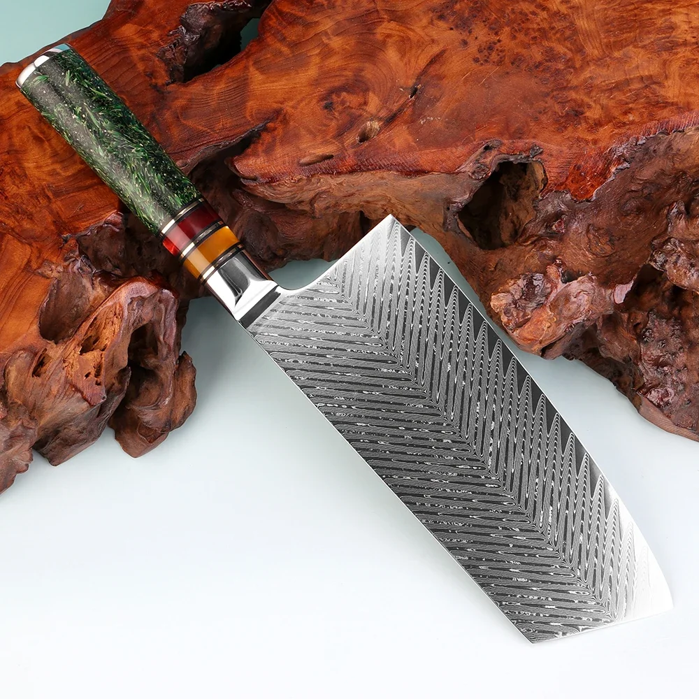 XITUO Japanese 7 Inch Cleaver Knife, Damascus Steel Sharp Kitchen Knife,Butcher Knife for Chopping Meat, Rice Husk Resin Handle
