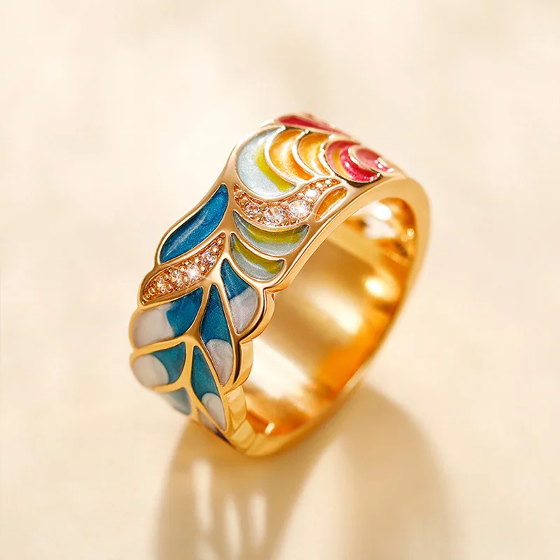 

Huajie Colorful Enamel Flower Light Luxury Rings for Women Gold Color Dazzling Zircon Rings Fashion Jewelry Gift