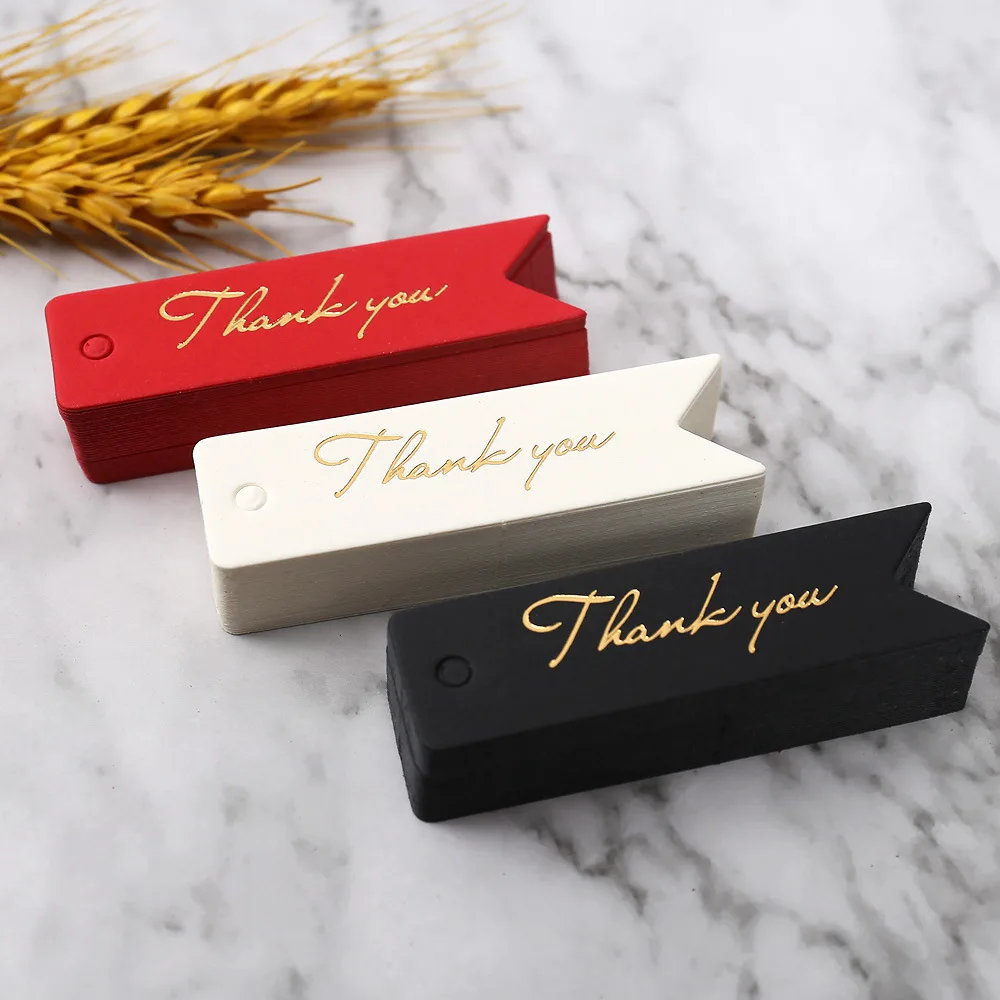 Gift Tags Thank You Cards 50pcs 7x2cm White Kraft Black Red Paper Labels Wedding Birthday Christmas Party Packaging Supplies