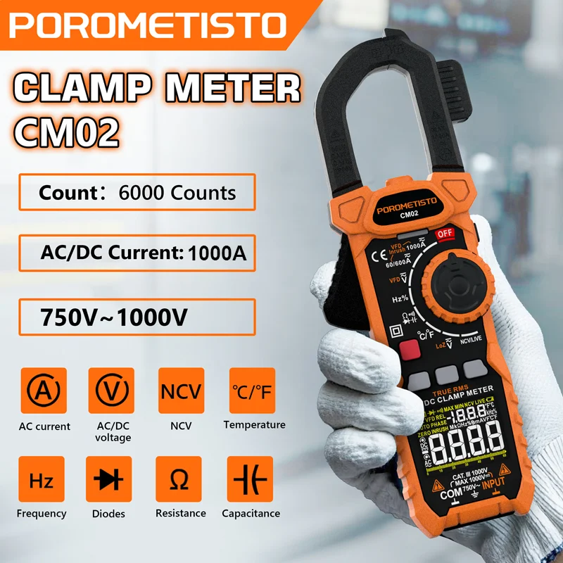 POROMETISTO CM02 Digital Clamp Meter AC/DC Current 1000A True RMS Multimeter High Precision Capacitance NCV Ohm Hz Test Ammeter