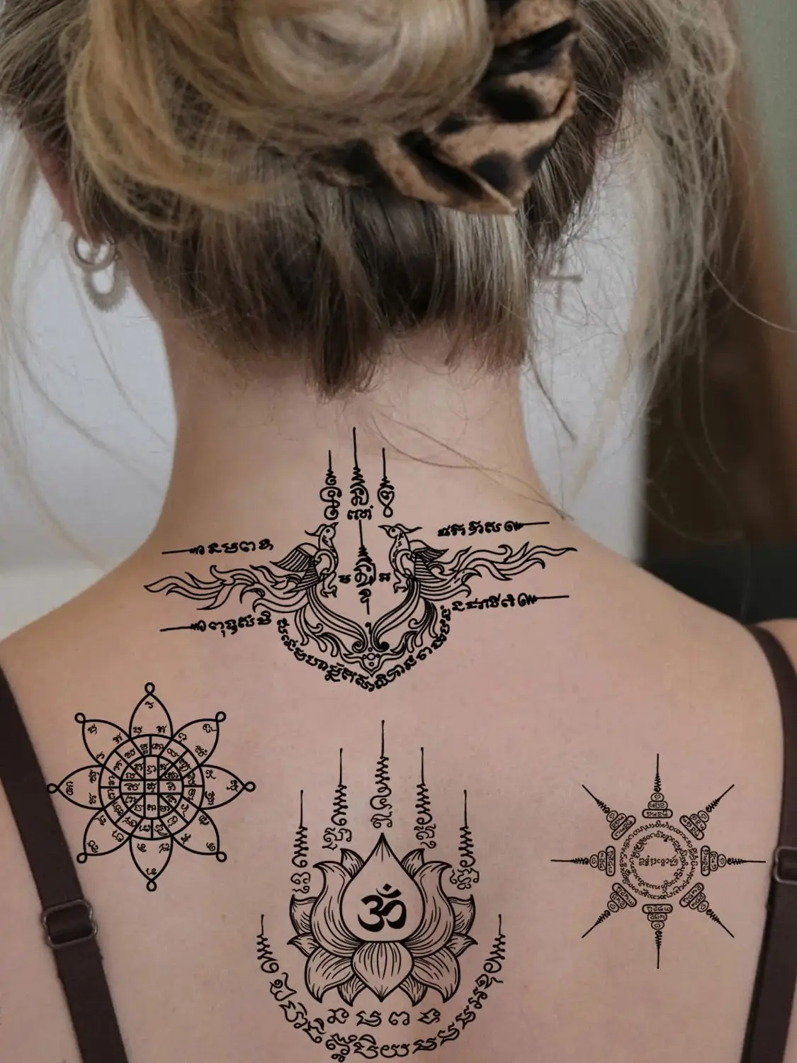 6 Blatt langlebig, 1–2 Wochen, temporäre Tattoos – schwarze Designs für Männer und Frauen, inklusive Om und spirituellen Symbolen