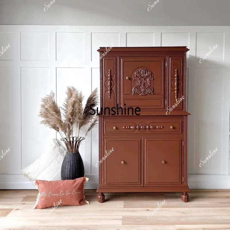 French retro solid wood carving flower dining side cabinet living room against the wall entrance