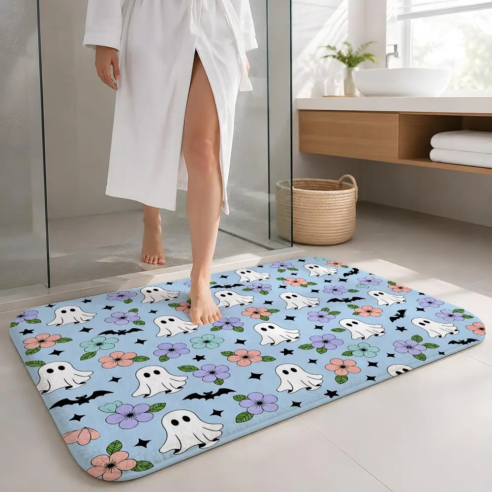 Halloween Ghost Whimsical Floor Mat Flannel Rug Non Slip Absorbent Soft Washable For Entryway Hallway Bathroom Kitchen Decor