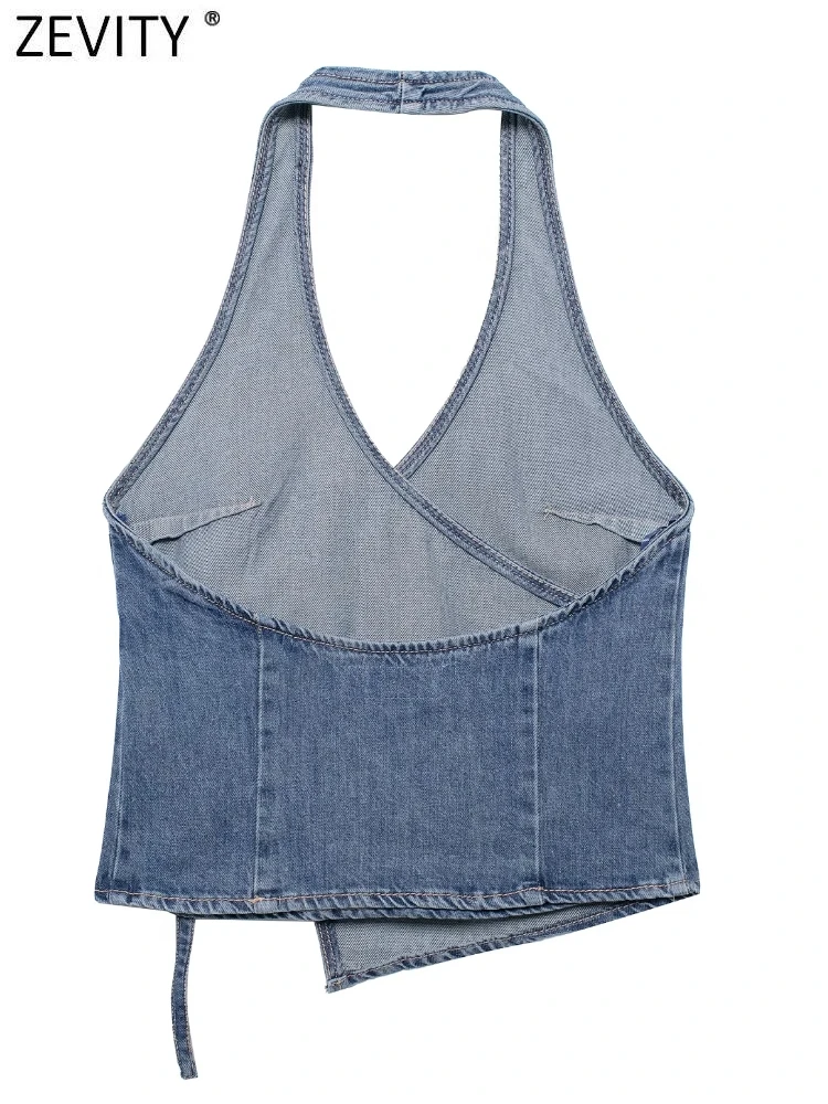 Zevity Women Fashion Sleeveless Denim Halter Blouse Female Backless Side Lace Up Casual Slim Shirts Blusas Chic Tops LS327