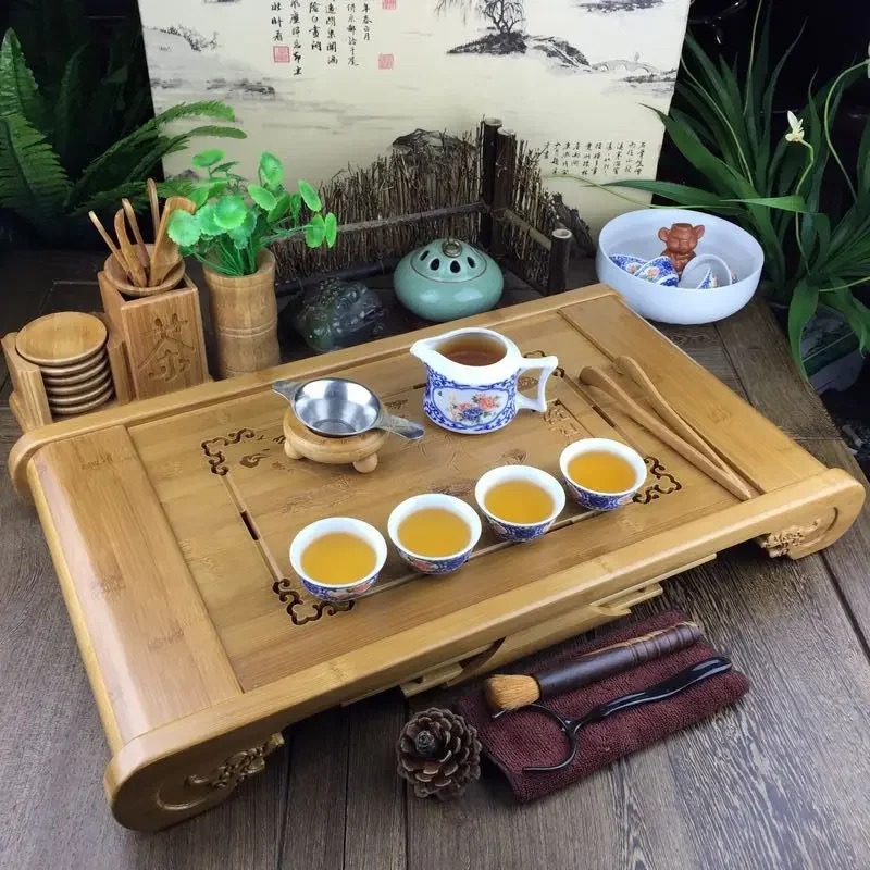 Nampan teh bambu drainase air Kung Fu Tie Guan Yin Set meja teh cangkir teh Tiongkok Cemony Treools Tamboo melayani nampan peralatan minum teh