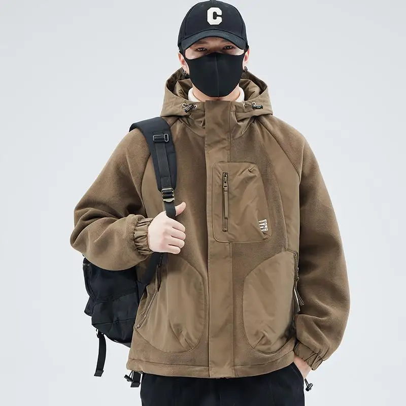 

2025 Autumn Winter Jacket Men Fleece Lined Thick Warm Hooded Cotton Coat Plush Outdoor Casual Trendy Outerwear Tops