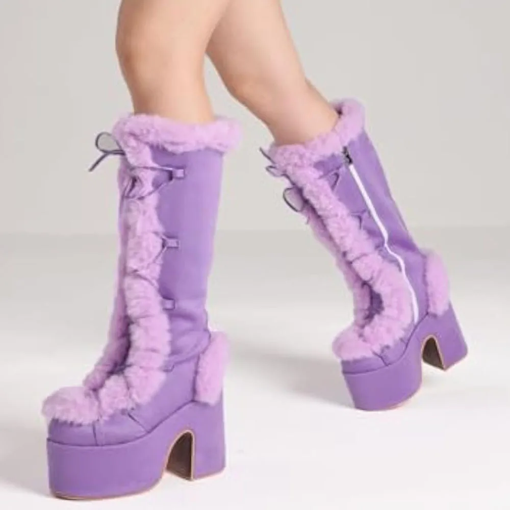 Big Size 46 Winter y2k Pink Knee High Boots Women White Chunky Platform Boots Gothic Black Faux Fur Block High Heels Boots Shoe