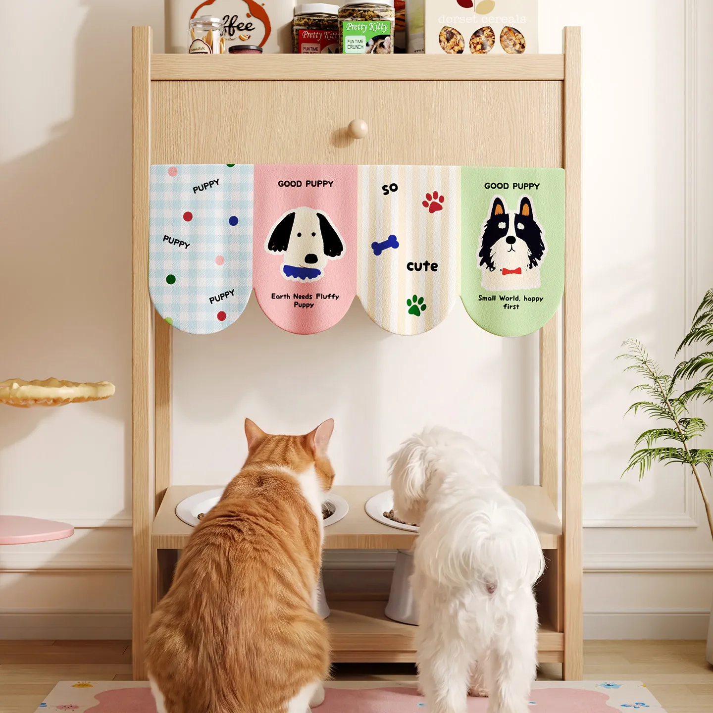 VIKAMA Cat Litter Box Cover Curtain, Self Adhesive No Drill Pet Barrier Privacy Door for Kitchen Cabinet Home Decor