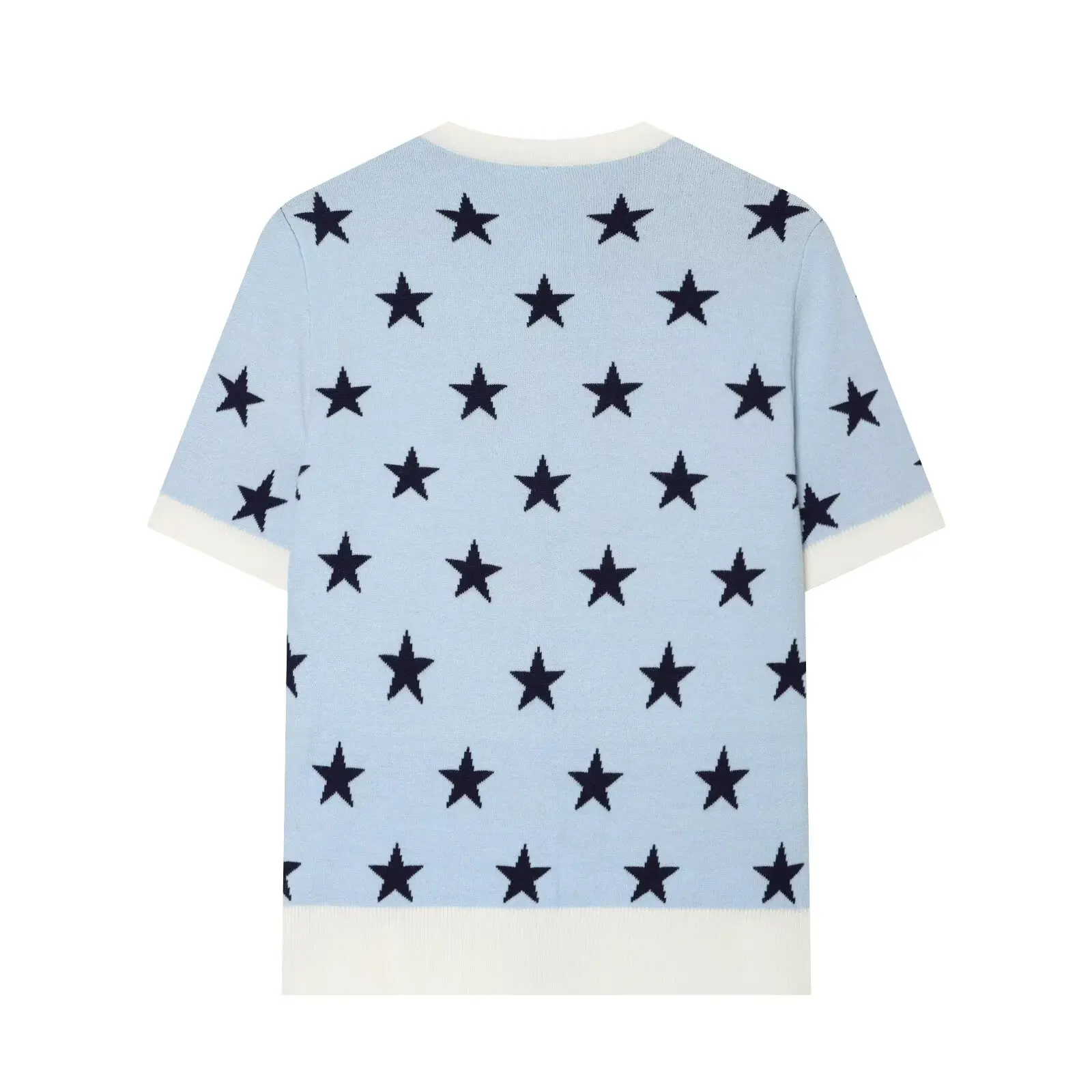 KONDALA Chic Women Star Jacquard Summer Modern Knitwear Elegant O-Neck Fashion 2026 Blue Y2K Short Sleeve Female Casual Sweater