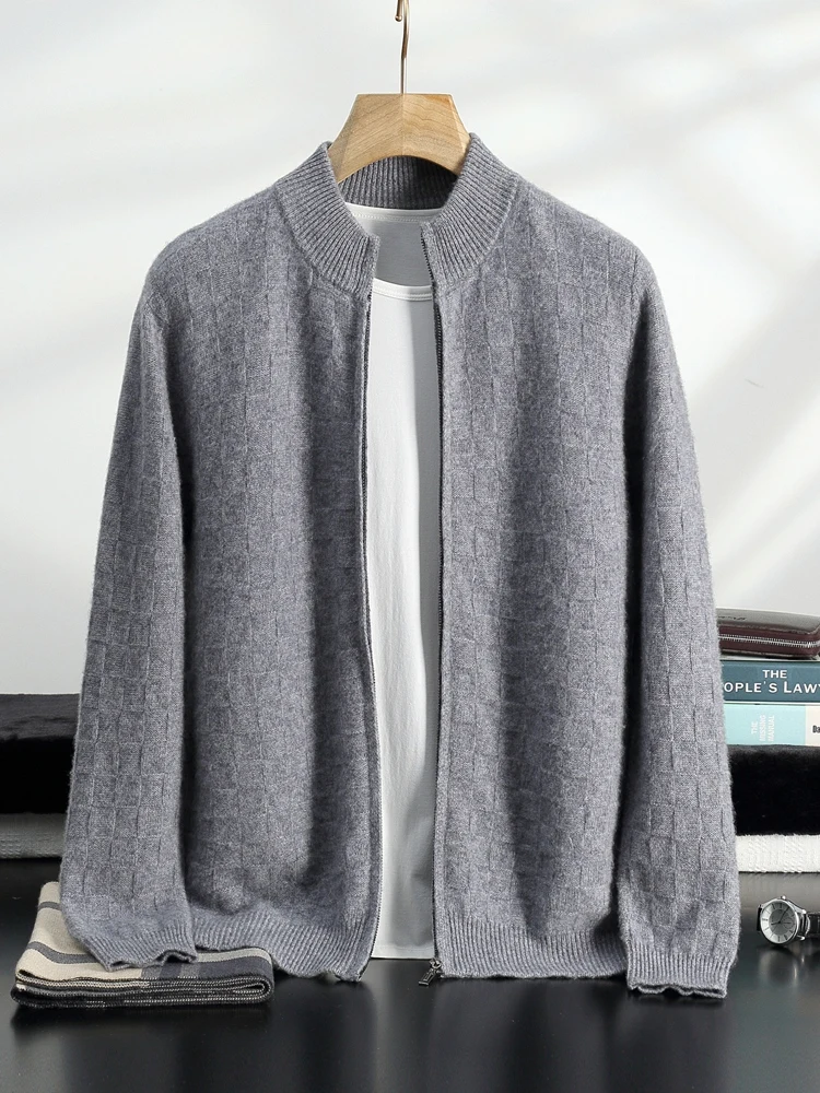 Homens 100% suéter de caxemira terno xadrez mock neck cardigan calças casuais luxo grosso quente malhas outono inverno jaqueta casaco