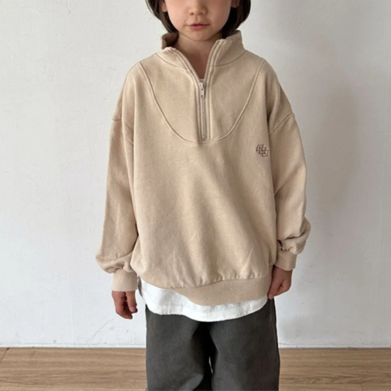 Boys Girls Pullover Zipper Shirts Cotton Baby Loose Tops Kids Clothes Autumn New Children Casual Sweatshirt Fashion  Q..