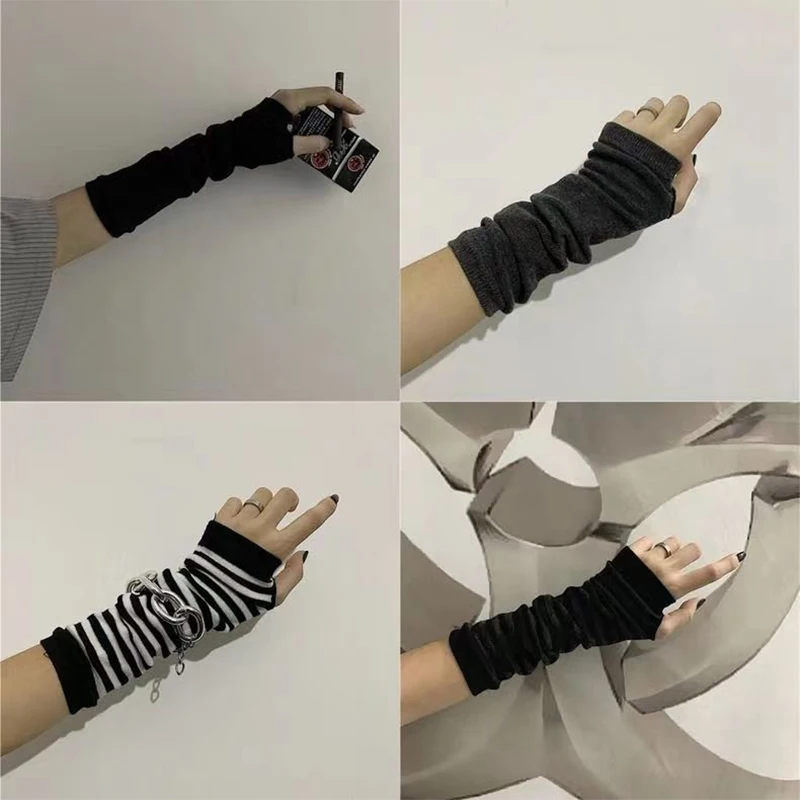 Long Fingerless Gloves Punk EMO Style Warmer Knitted Y2K Arm Warmers Streetwear Striped Elbow Gloves Elbow Mitten Christmas Gift