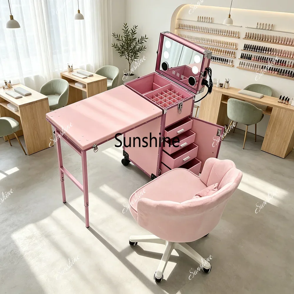 Pink Portable Manicure Table LED Mirror Drawers & Wheels, Folding Rolling Nail Desk Chair Set, Salon Furniture for Nail Tech