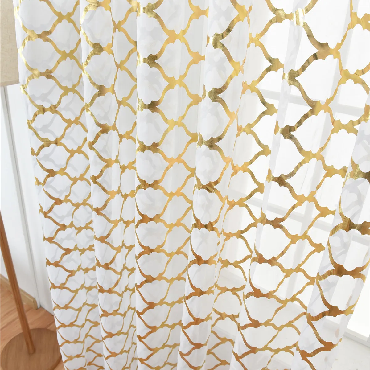 1Pcs Grid Bronzing Rod Shading Voile Curtain Sheer Romantic Window Screening Half Shading Tulle Natural Light 100x200cm Golden
