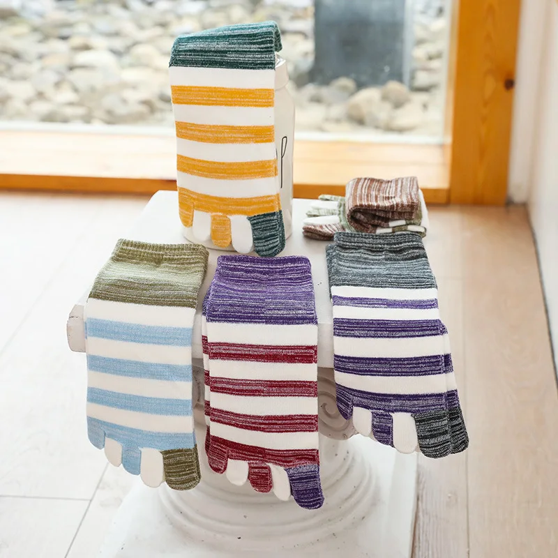 5 Đôi Tất Nam Harajuku Năm Ngón Tay CrewSocks Mans Bé Trai Retro Hàn Quốc Giữa Ống Lớn Sọc Cotton Dày Dặn Ấm Thường Ngày tất Có Ngón Chân