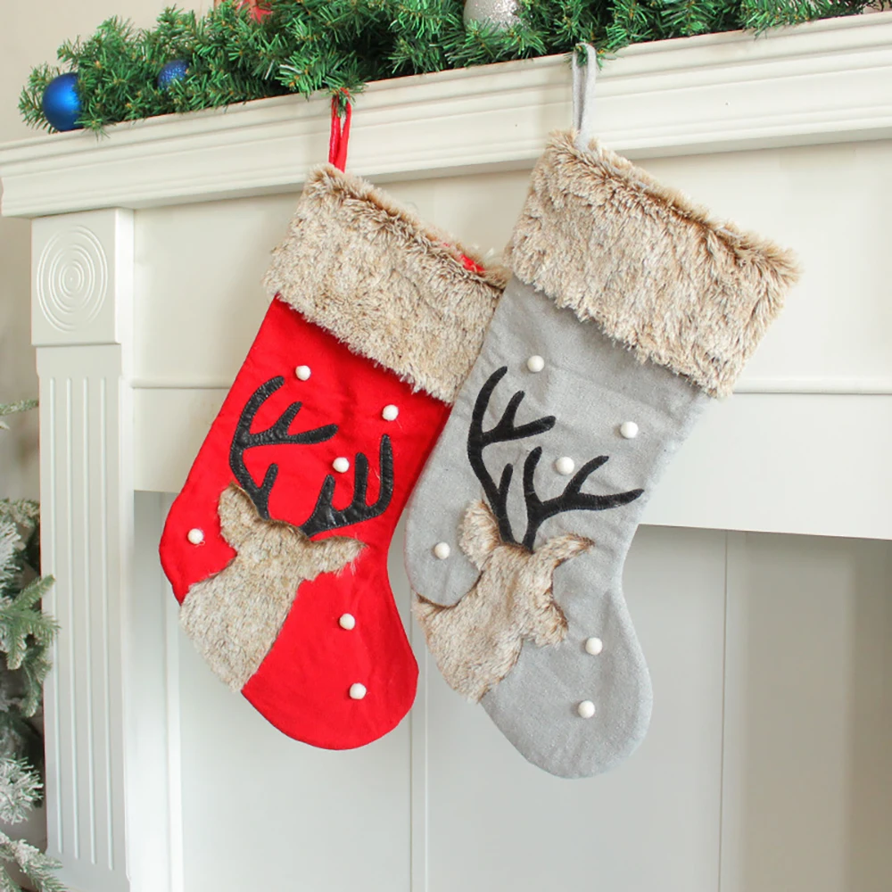 Customized Embroidery Decorations For Christmas, Cute Deer Head Socks, Plush Candy Socks, Christmas Tree Pendant Gift Bags - view 3