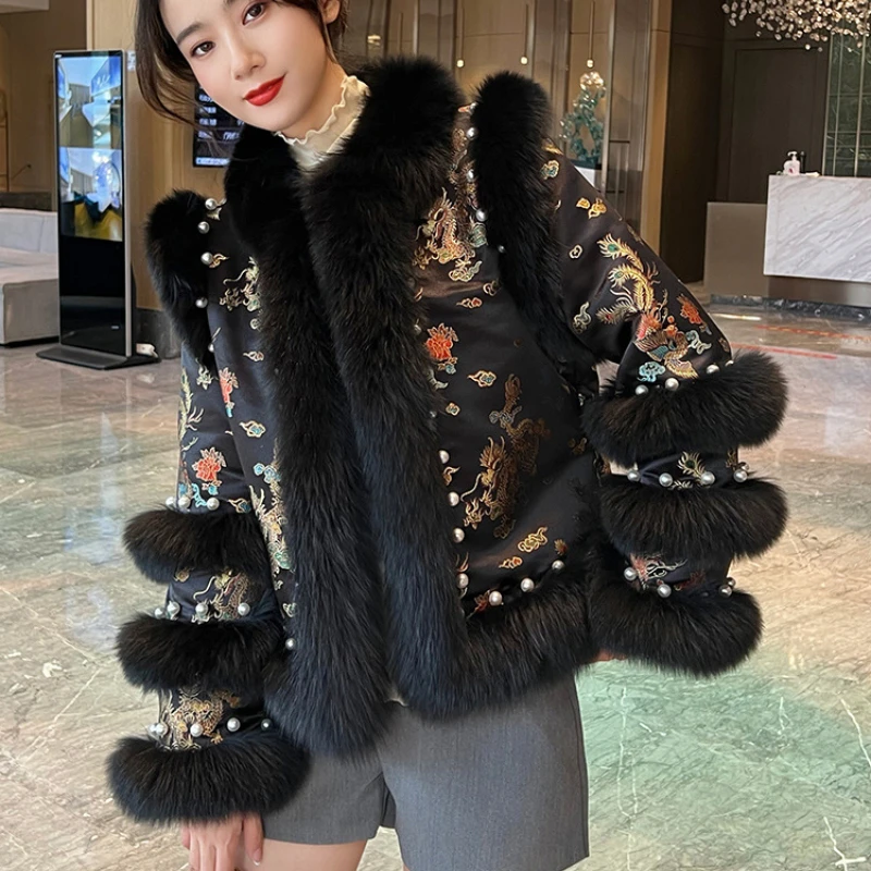 Faux Fox Fur Coat Women Short Fashionable Youthful Embroidered Tang Suit Luxury Fuzzy Outerwear, Winter, New Design Style, 2024