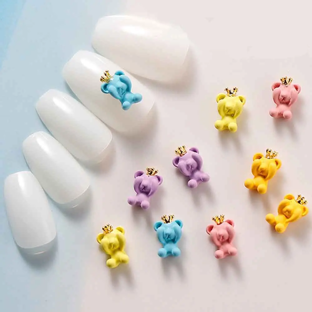 10pcs 3D Kawaii Bear Nail Art Charm 3D Resin Macaron Candy Color Crown Bear Nail Decoration DIY Cute Design Nail Accessories