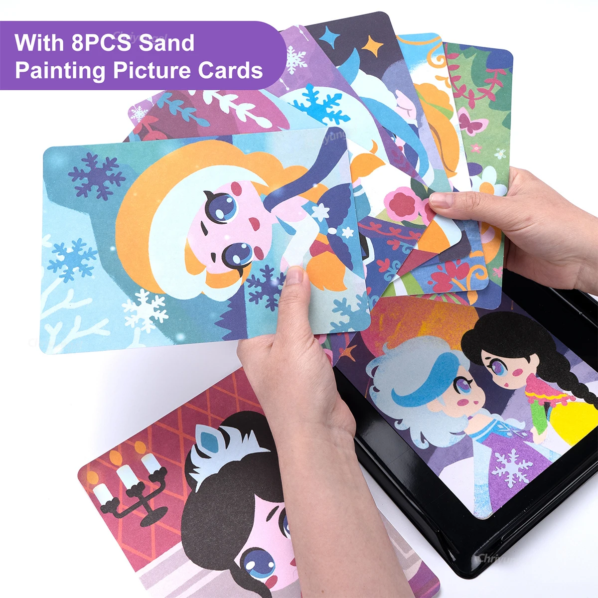 مجموعة فنية الرمل السحري للأطفال الأميرة / القلعة / بطاقات الحيوانات مع مجموعة الرمل الملونة DIY ألعاب تعليمية مونتيسوري هدية للأولاد والبنات