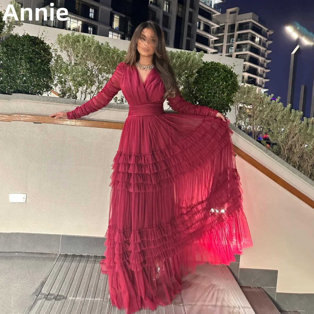 Gaun pesta wanita elegan Annie Burgundy gaun malam Layering Tulle lengan panjang gaun pesta wanita kustom