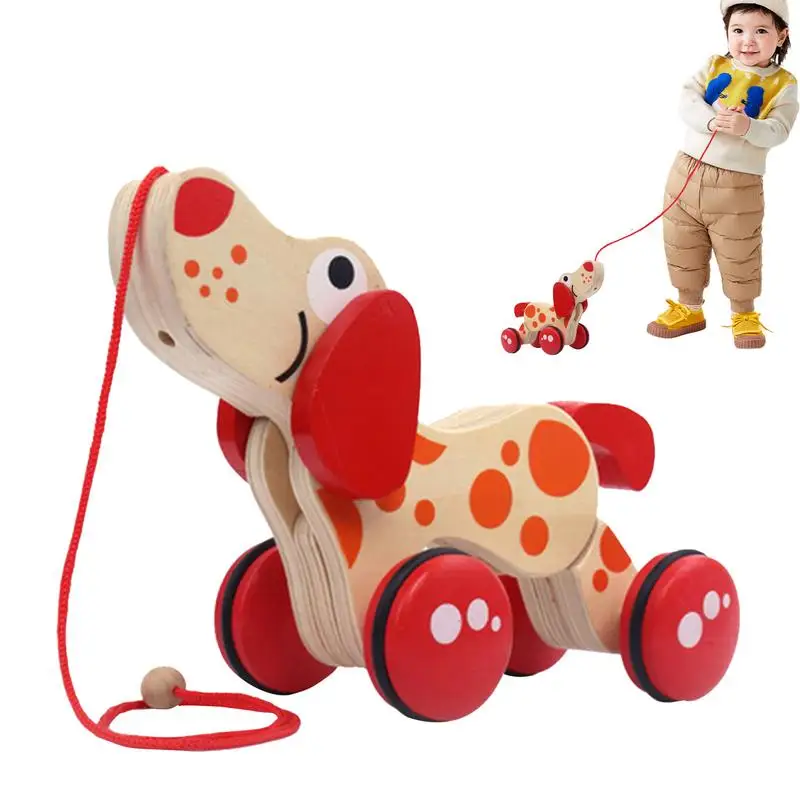 Tirare lungo il giocattolo da passeggio Cucciolo di legno Giocattolo da bambino Giocattolo da passeggio Giocattolo per bambini per lo sviluppo Giocattoli push pull con cordino per camminare