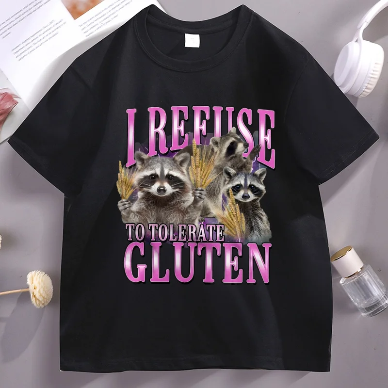 رفضت أن أتسامح الغلوتين الجرافيك تي شيرت للجنسين مضحك ريترو الراكون تي شيرت القطن قصير الأكمام بلايز مستديرة الرقبة عادية #4