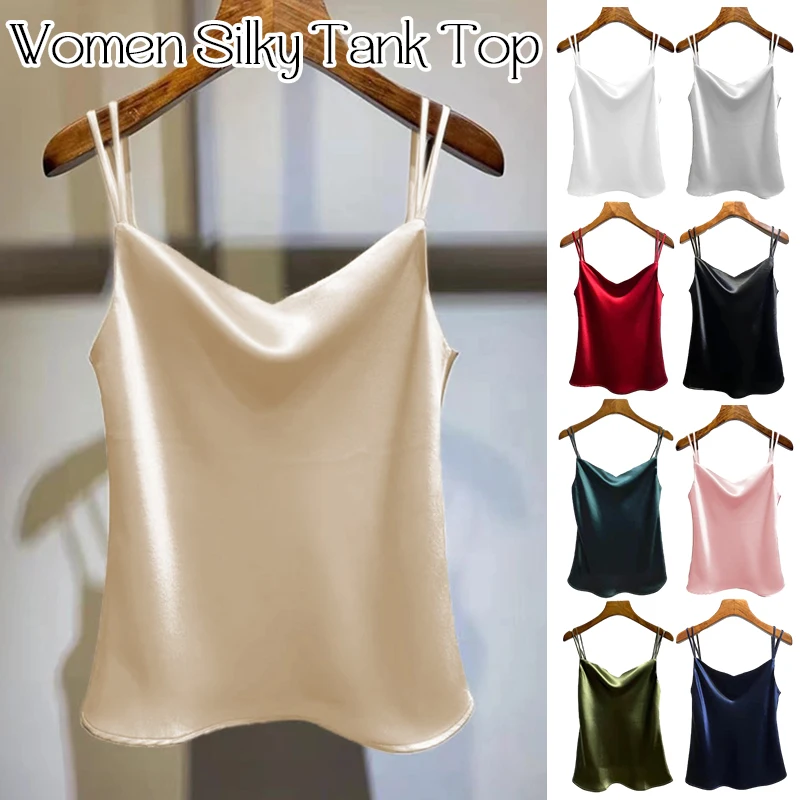 

Ladies Silk Vest Camisole Casual V Neck Sexy Pure Colour Satin Women's Chiffon Sleeveless Camisole Vest Backless Camisole Top