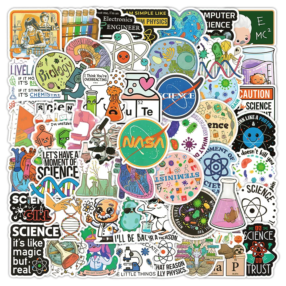 50/110 قطعة عنصر العلوم مضحك ملصقات الكرتون الكيمياء الفيزياء تجربة دراسة ملصق مائي محمول الغيتار الدراجة الكتابة على الجدران لعبة طفل #4