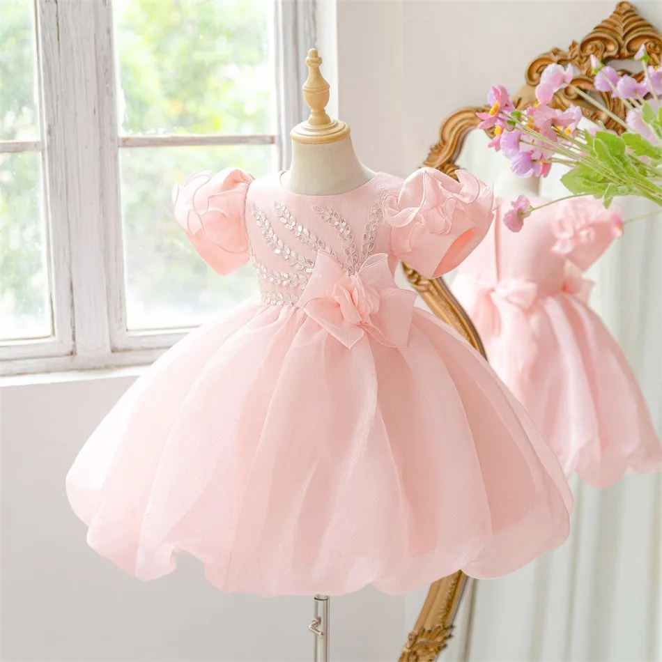 Pink Rhinestone Stripe Embroidery Flower Girl Dress Puff Sleeve 3D Floral Bow Bubble Puffy Tulle Skirt Kids Birthday Dress ASQ03
