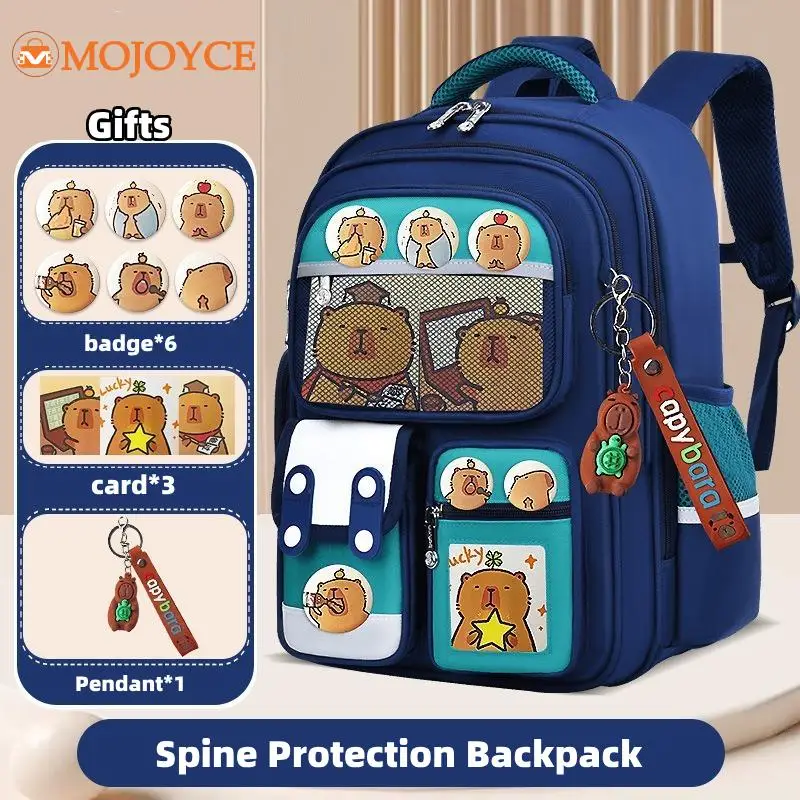

Children Capybara Backpack Protecting Spine Student Schoolbag with Card Badge Doll Waterproof Large Capacity Cartoon Book Bags