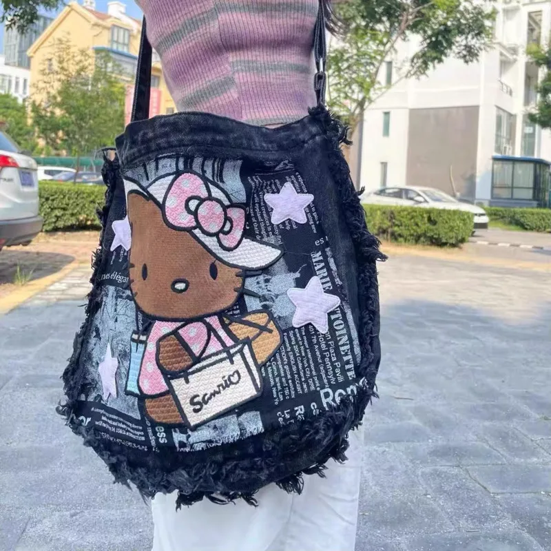 

Miniso Denim Hellokitty Retro Crossbody Bag ​embroidered Anime Printed Y2k Shoulder Bags High Capacity Moto Biker Bag Girls Gift