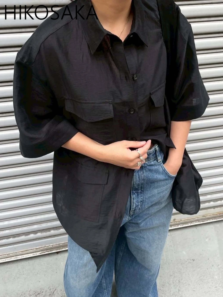 

Japanese Streetwear Fashion Casual Blouse Safari Style Multi-pocket Single Breasted Lapel Shirt Loose All-match Short Sleeve Top