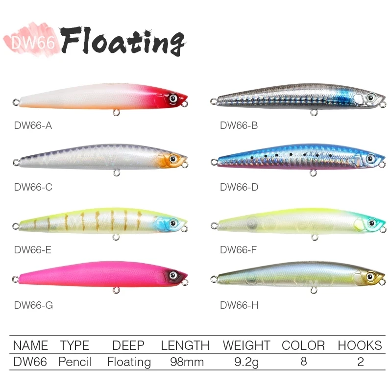 TSURINOYA Fishing Lure Pencil Hard Lure DW66 98mm 9.2g Floating Top Water Artificial MInnow Crankbait Leurre Isca 8 Colors 1pcs