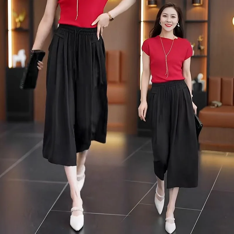 Ice Silk Wide Leg Pants Women's Skirt Loose Casual Versatile Slimming High Waist Draping Seven-Quarter Length Casual Trousers