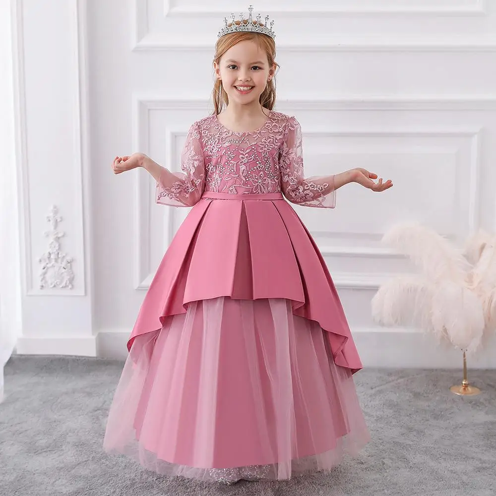 Teens Sequin Bridesmaid Girls Party Dress Long Sleeve First Communion Gown Wedding Party Princess Dresses Bow Christmas Costumes