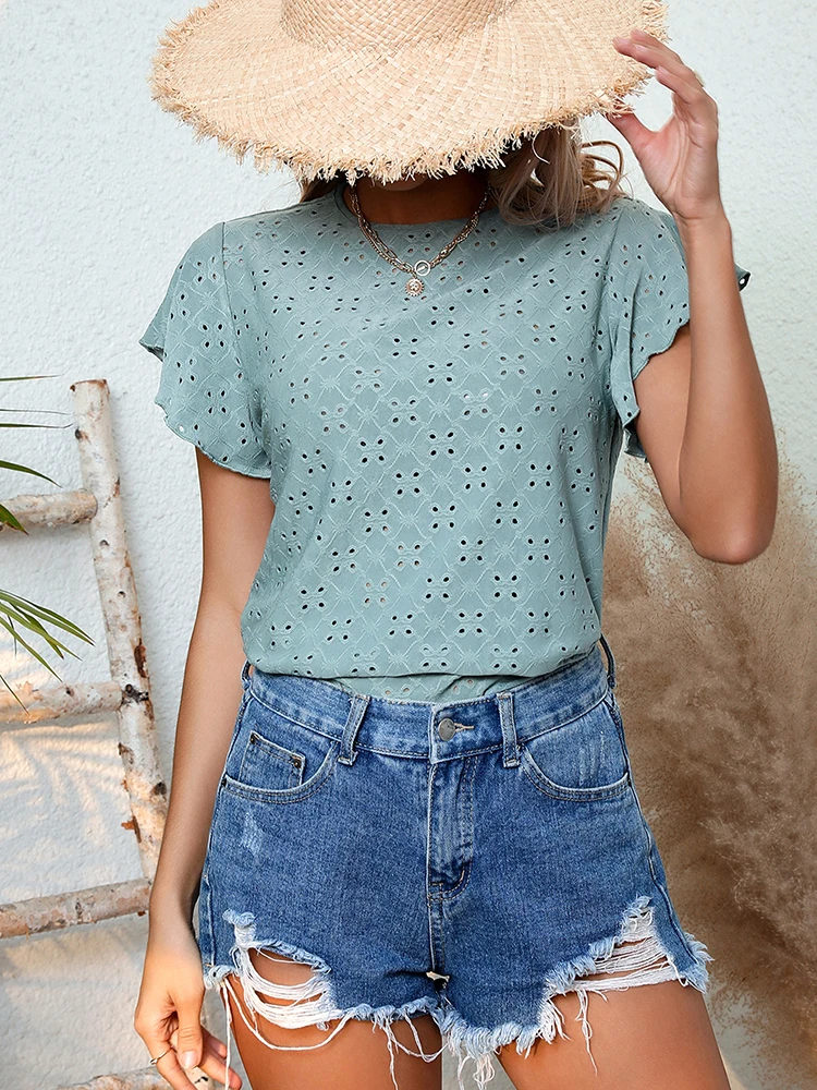 Fashion casual knitted jacquard hollowed out petal sleeve round neck simple solid color T-shirt