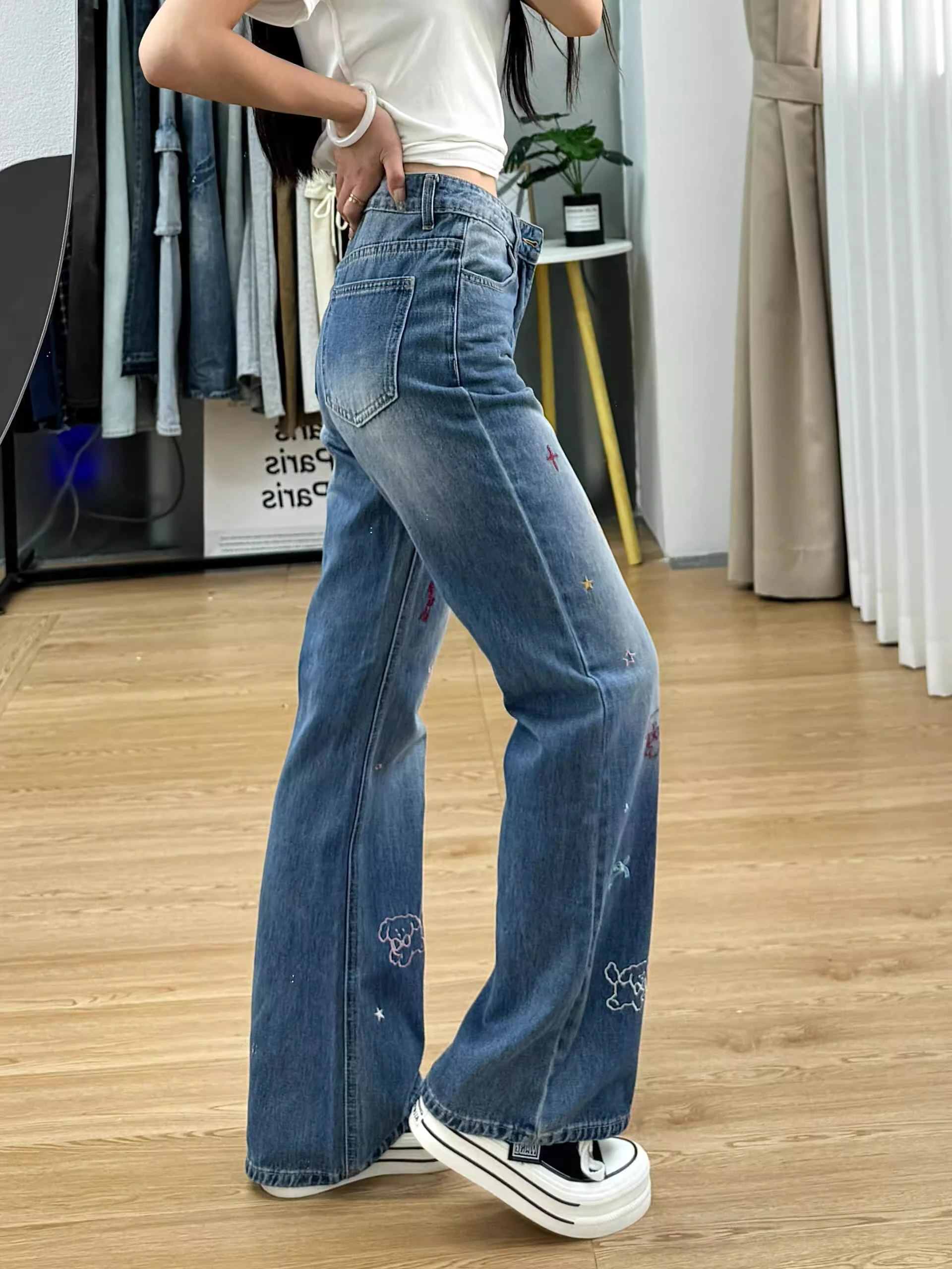 

plus Size Retro Embroidered Straight Leg Denim Jeans Women's Early Spring Cartoon High Waist Wide Leg Floor-Length Pants