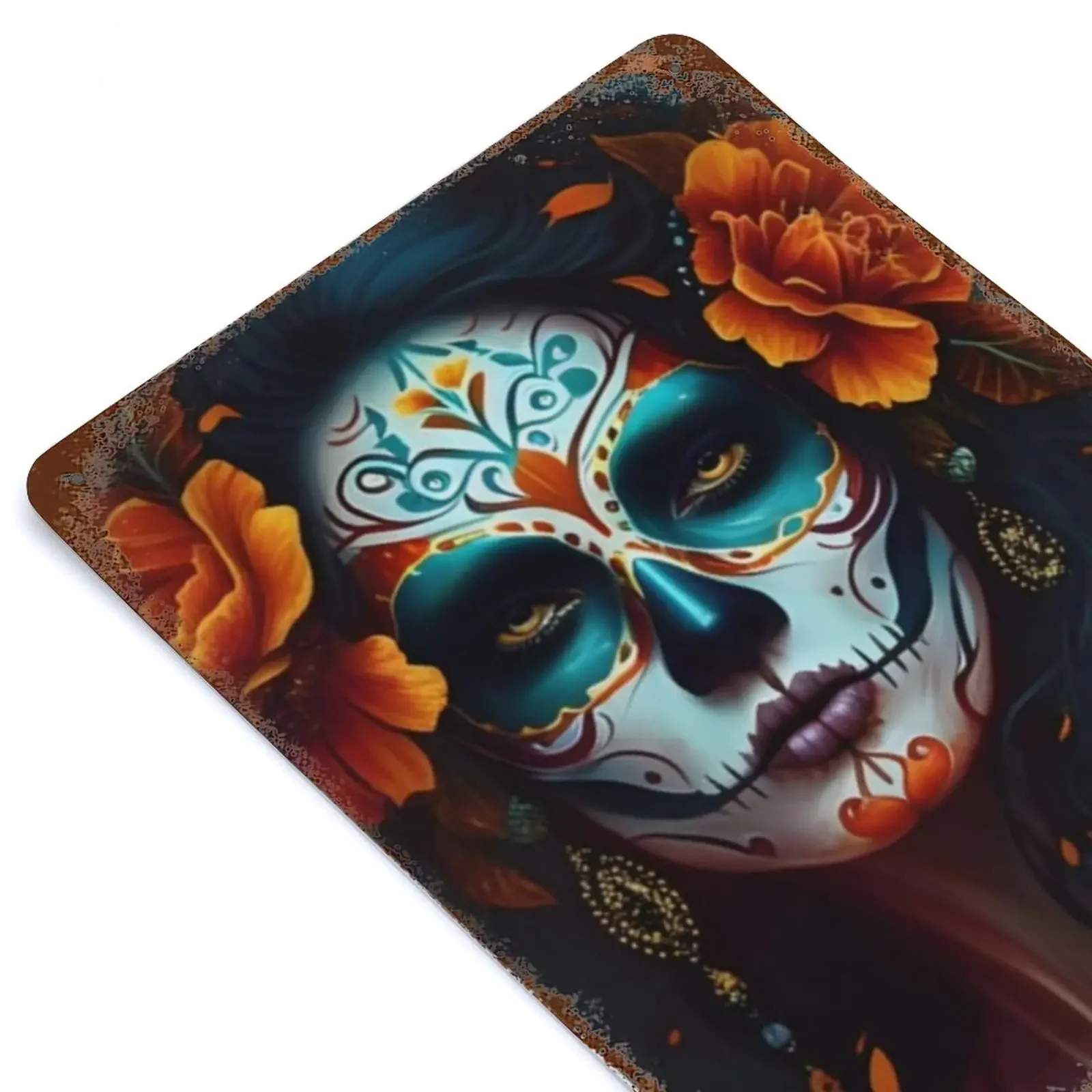 Vintage Mexican Skull Flower Plaque Wall Metal Tin Sign Art Painting Gothic Pictures Abstract Home Decor for Living Room Kitchen