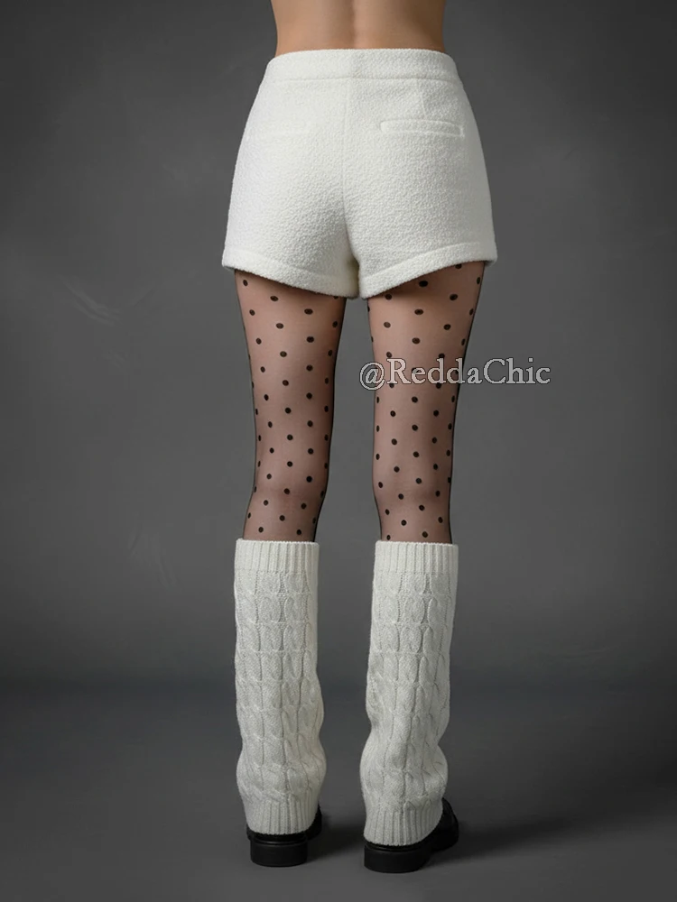 REDDACHiC Cream-white Fluffy Sherpa Shorts Lounge Winter Fleece Straight Low Rise Pockets Split Cuffs Bootyshorts Women Bottoms