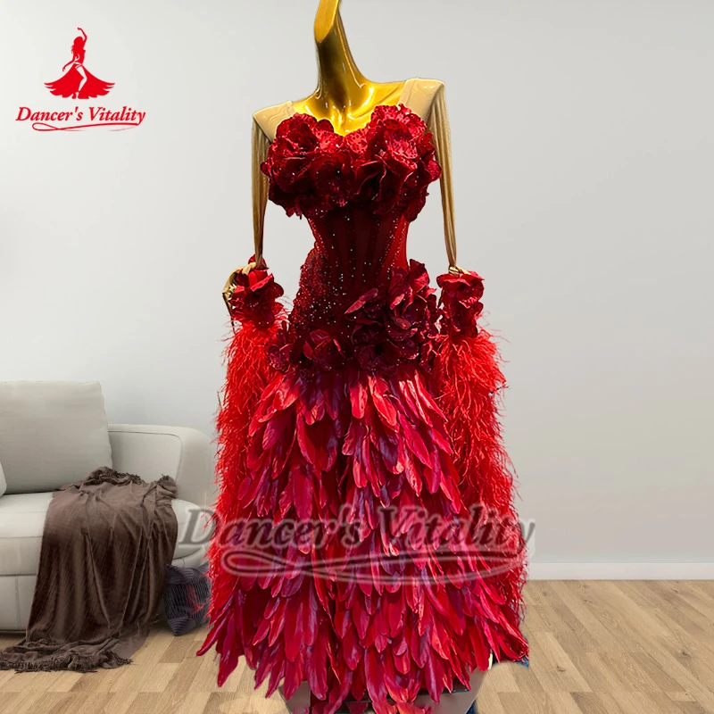Adult Waltz Three-D Flower Feather Style Competition Dresses Customized Female Ballroom Dance Perform Clothing Dancer's Vitality