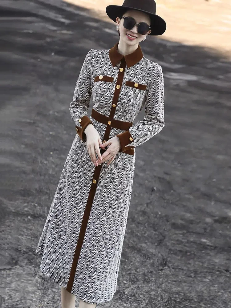 Spring and Fall New High-end Temperament Vintage Slim Lapel Patchwork Dress Commuter Button Fashion Print Maxi Dress