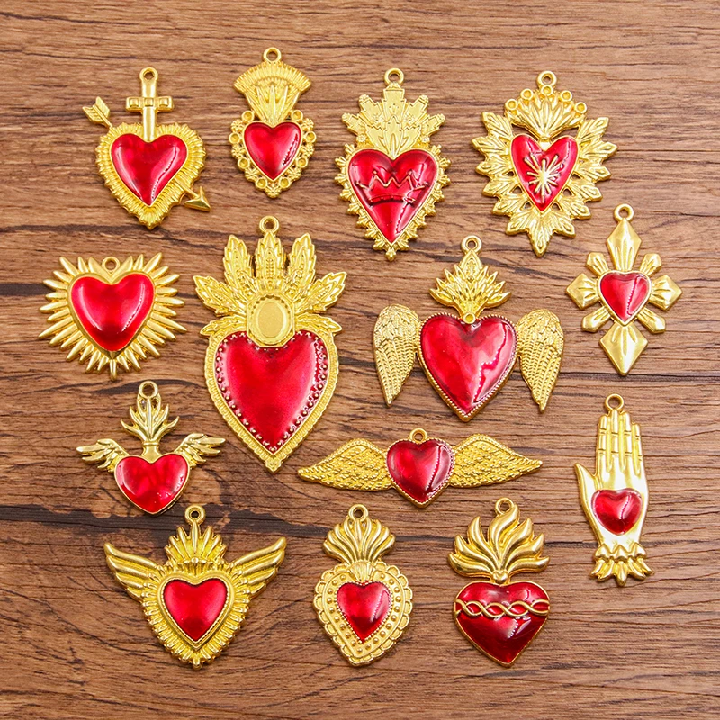 5PCS 14 Styles Mixed Drop Oil Red Gold Heart  Wing Charms For Jewelry Making DIY Handmade Pendant