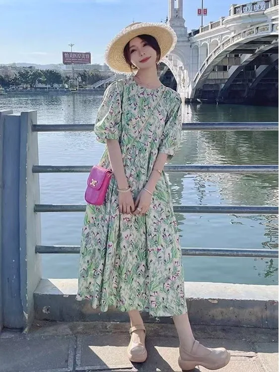 Retro Floral Print Women's Dr Ele Summer 2025 Loose Fitting Slimming Long Gown Bubble Sve A-Line Midi Dr
