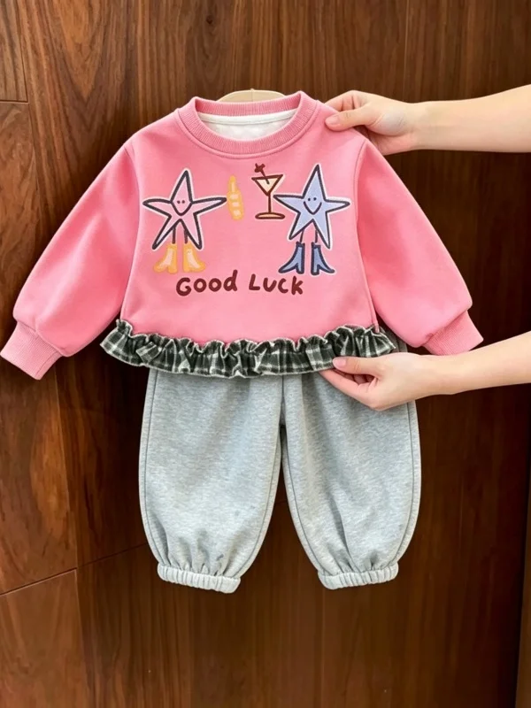 Girls Casual Print Outfit Lucky Star Wood Ear Sweatshirt Pants Two Piece Set Autumn New Style Children Fashionable Ensemble