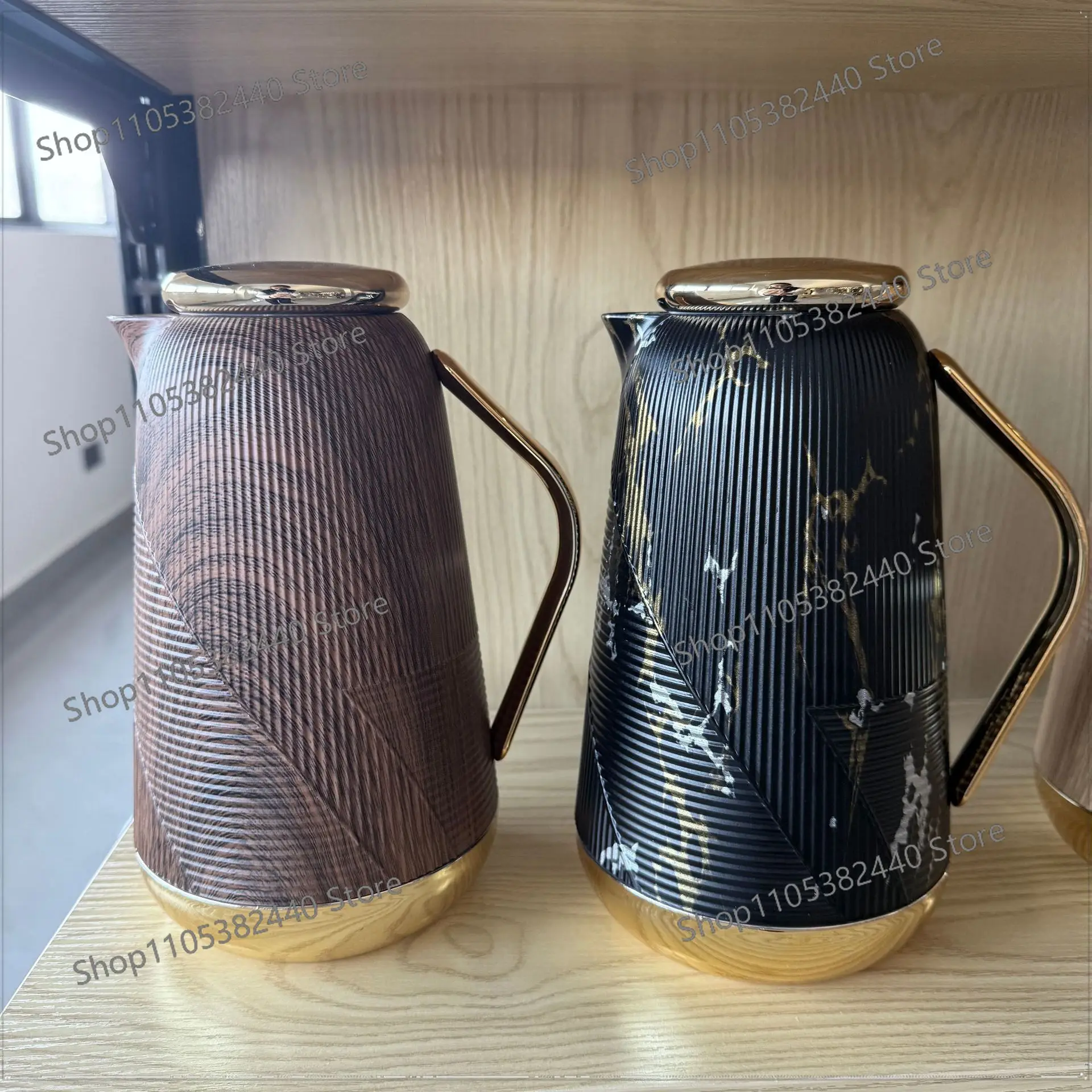 Luxury Gold Striped Glass Thermal Carafe, Large Capacity Vacuum Insulated Water Pitcher, Elegant Home Office Hot Water Kettle