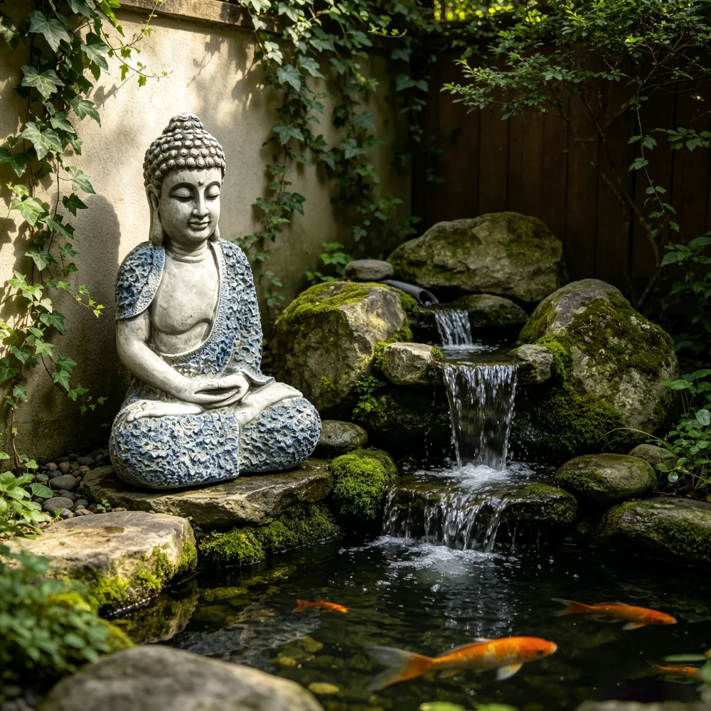 16 Inch Weatherproof Resin Meditating Buddha Statue with Blue Floral Details, Calm Zen Style Figurine, Decorative Ornament for Patio Lawn Yard Outdoor Landscape & Indoor Space