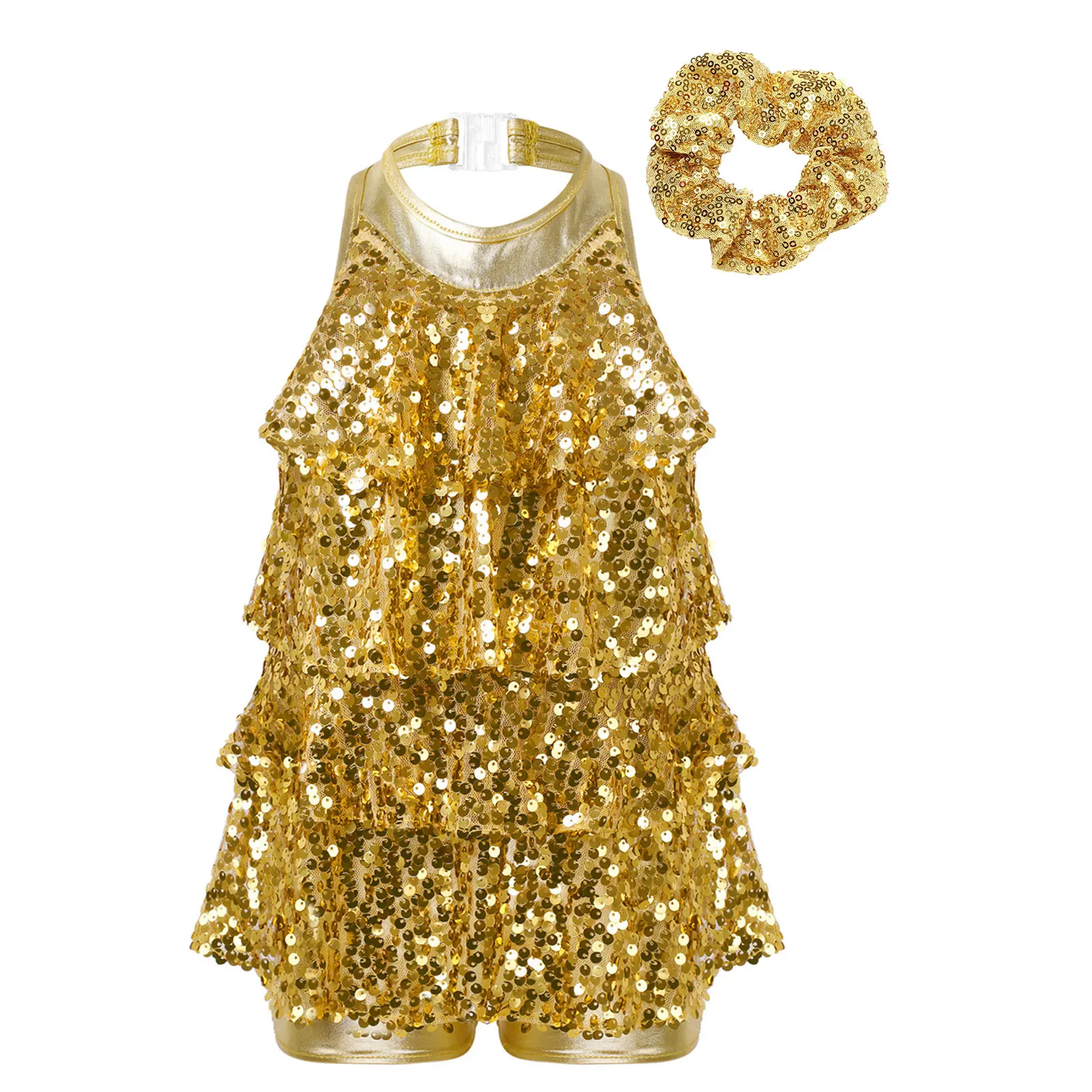 Kids Halter Sequins Ballet Dance Shorty Unitard Dress with Hair Tie Girls Modern Jazz Latin Jazz Salsa Samba Rumba Dance Outfits